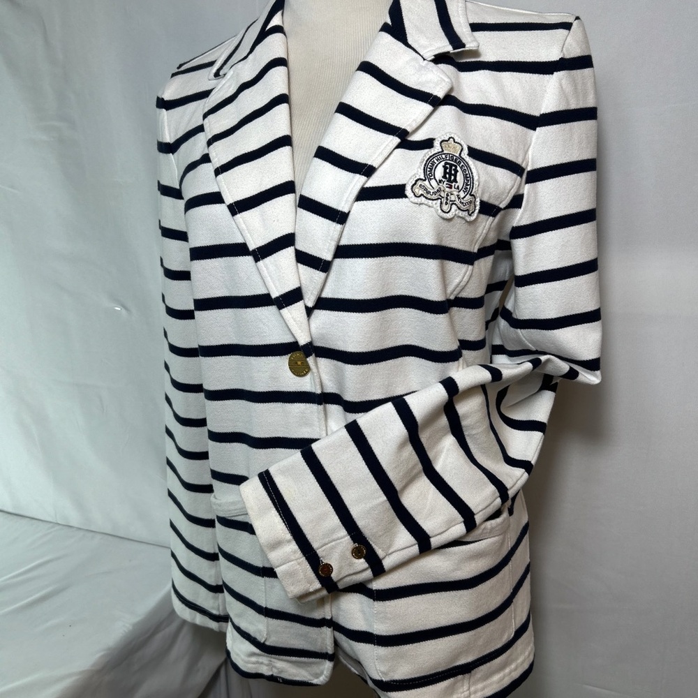 Striped Preppy Blazer with Varsity Embroidered Logo